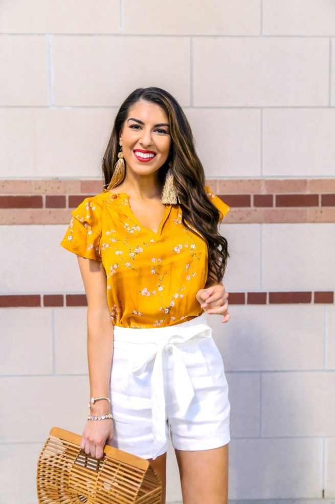 Mustard Floral Satin Blouse with White Shorts