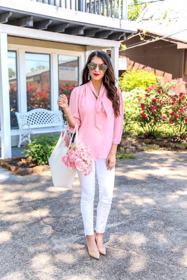 Pink Bow Blouse and White Denim Jeans