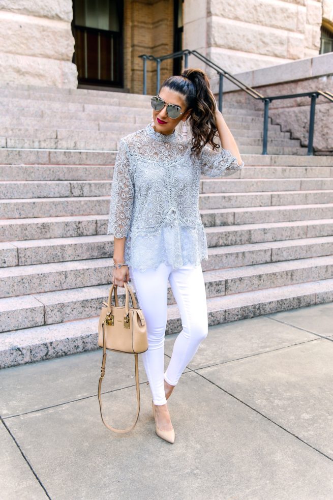 Spring Grey Crochet Top and White Denim Jeans