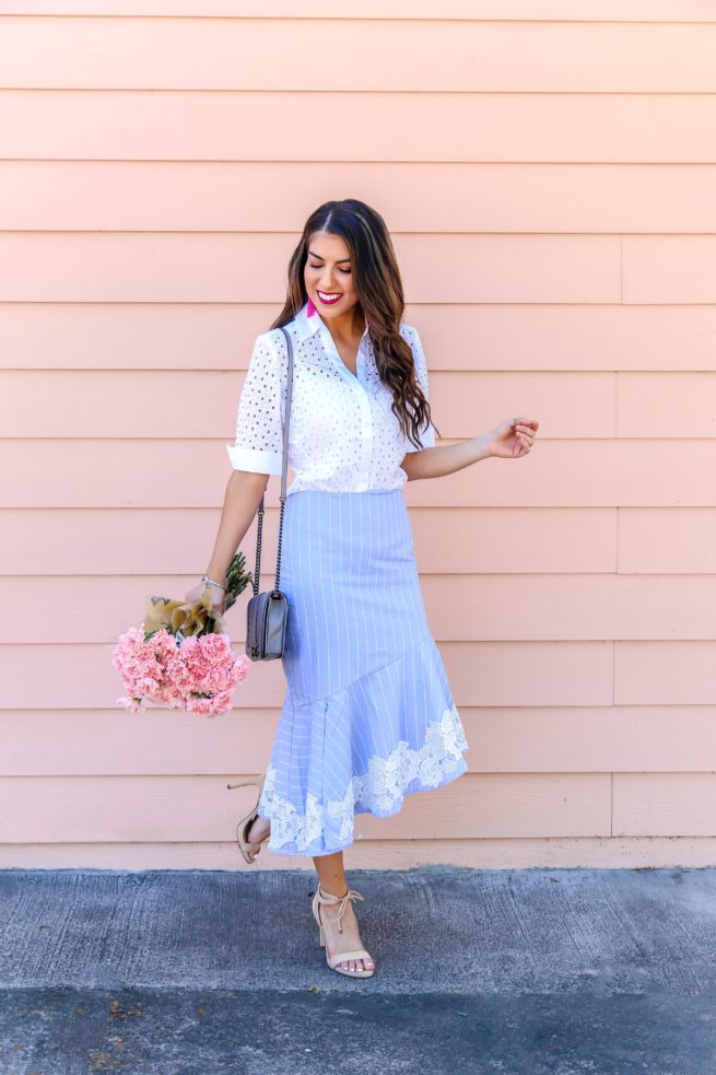 White Eyelet Shirt and Blue Skirt with Lace Details