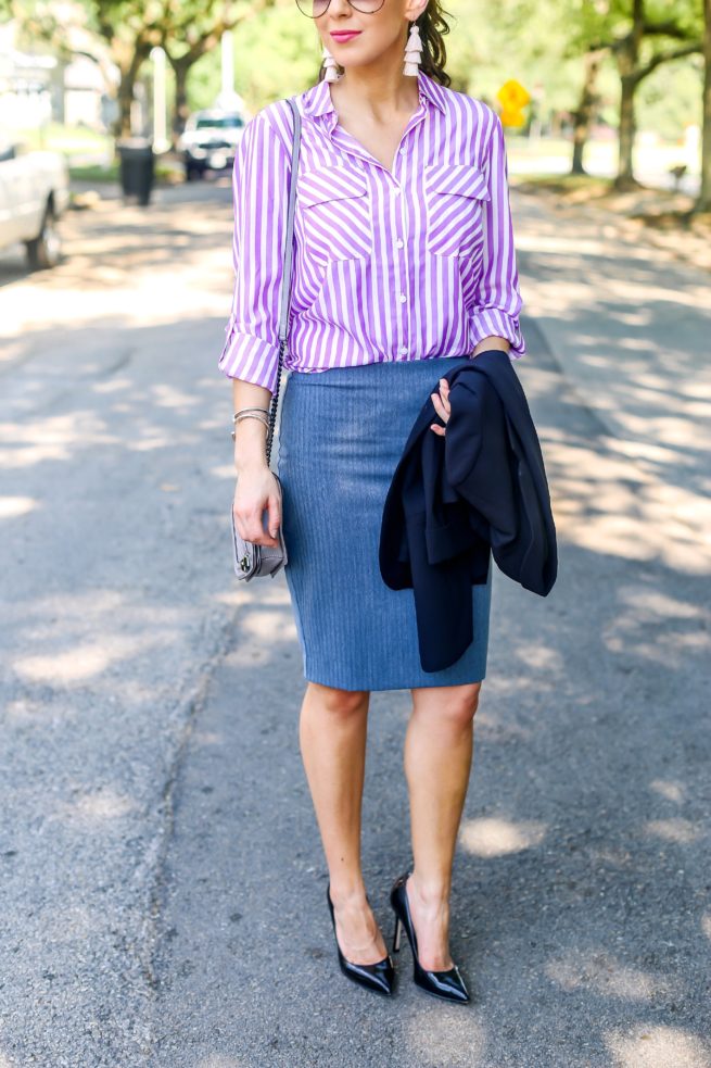 Classic Purple Stripe Shirt and Pencil Skirt
