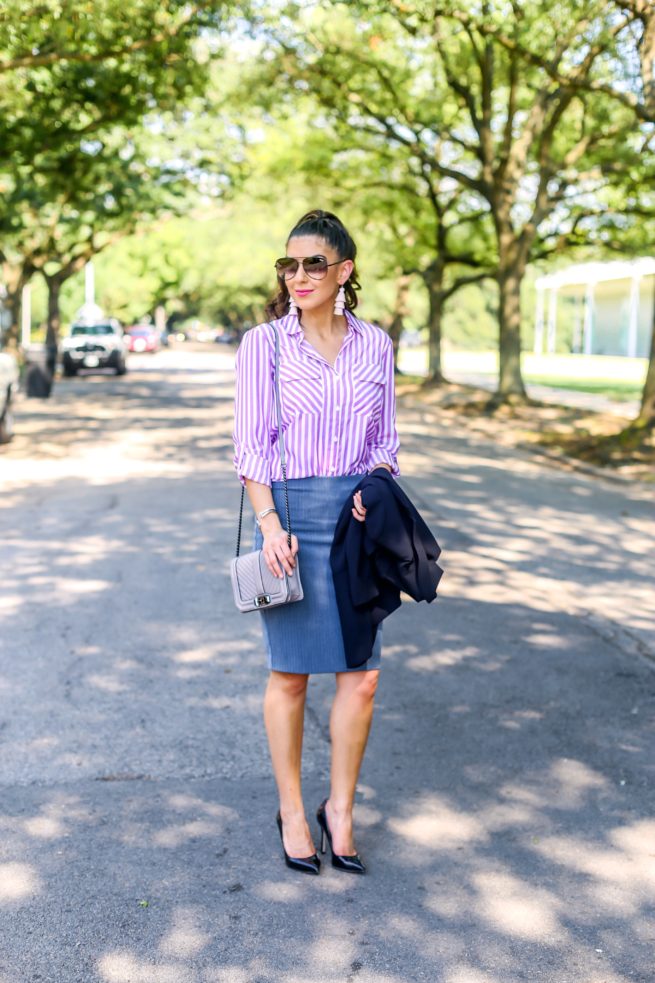 Classic Purple Stripe Shirt for Work with Pencil Skirt