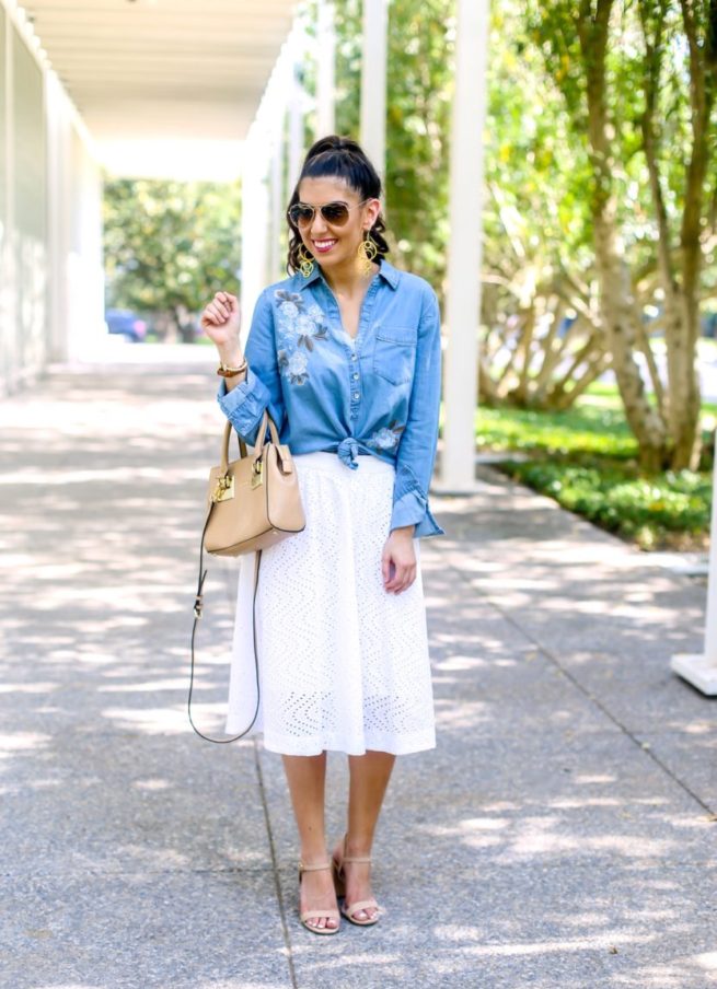 Denim Button Up Top with Eyelet Midi Skirt