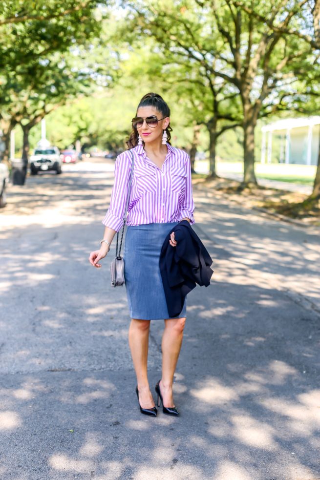 Purple Stripe Shirt for Work and Grey Pencil Skirt