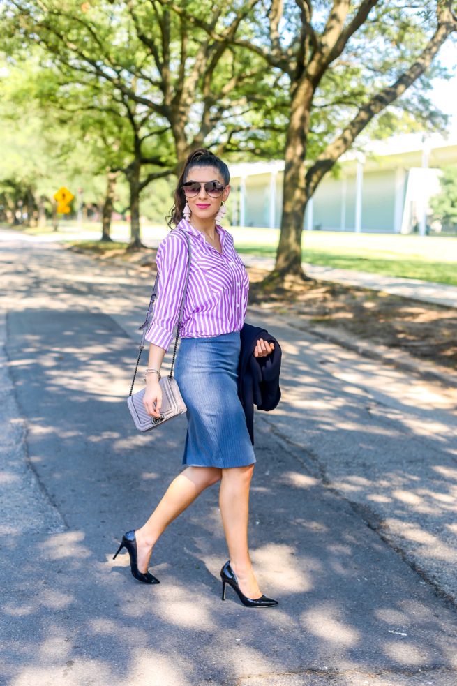 Purple Stripe Shirt for the Office and Grey Pencil Skirt