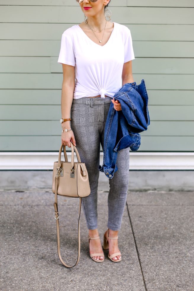 White V Neck Tee and Plaid Pants Style