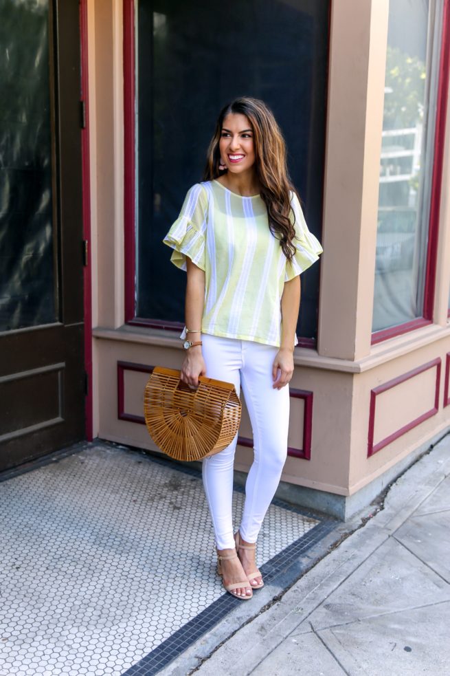 Yellow Stripe Top and White Denim Skinny Jeans