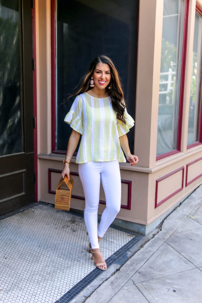 Yellow Stripe Top for Spring and White Denim Jeans