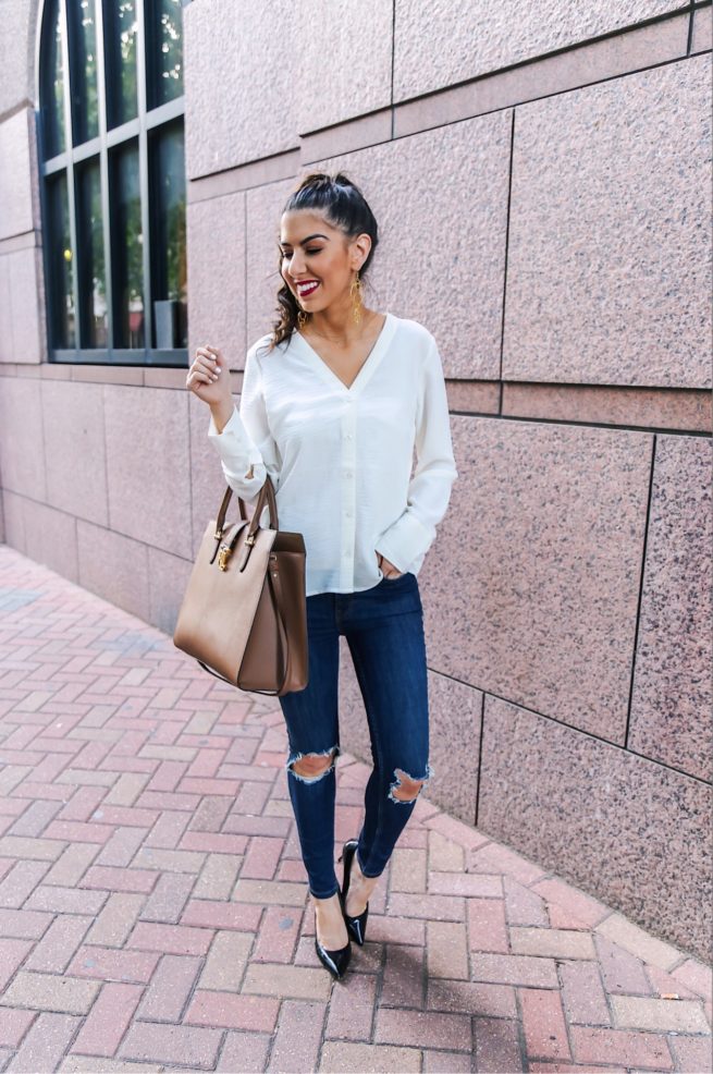 Classic V Neck Blouse and Ripped Denim Jeans