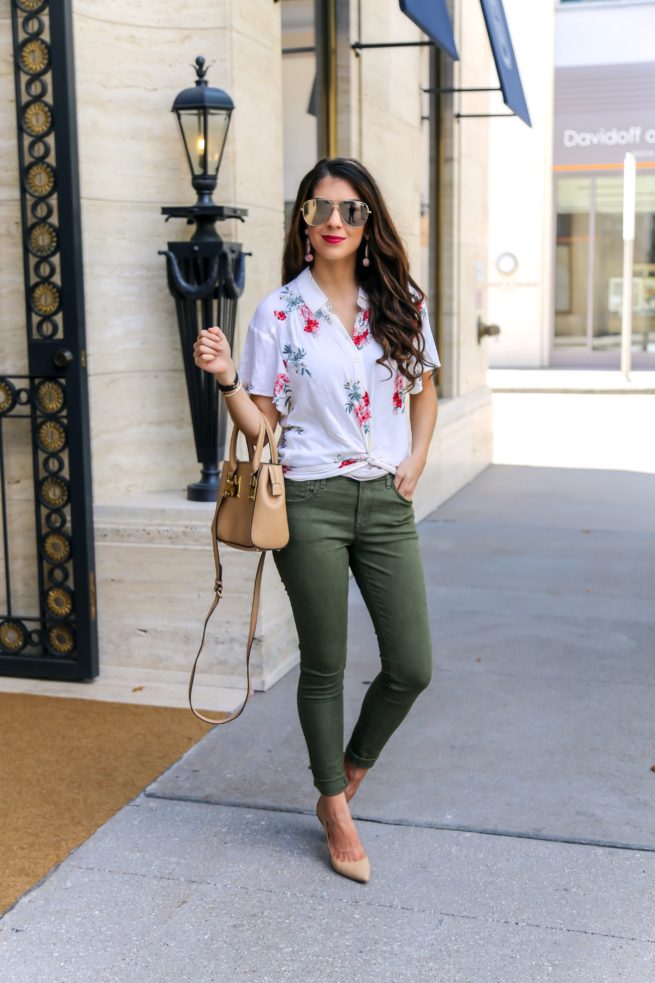 Cute Floral Twist Top and Olive Jeans