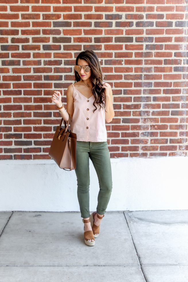 Cute Pink Cami with Buttons and Casual Green Jeans