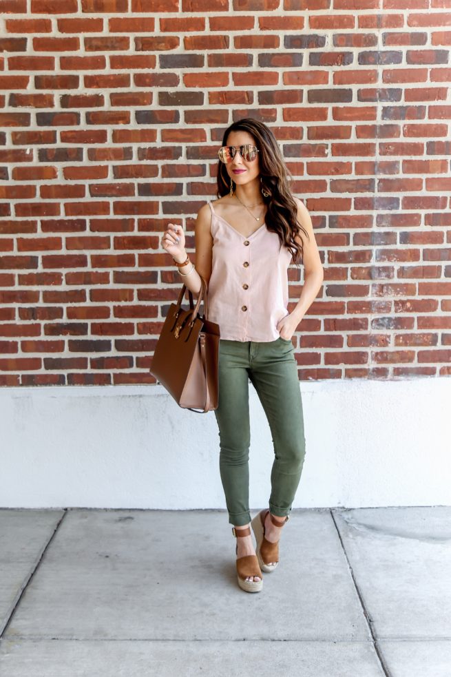 Pink Button Cami and Green Jeans