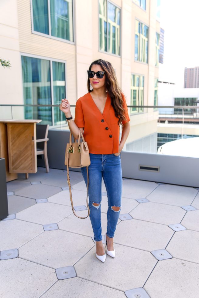 Cute Button Top with Ripped Jeans