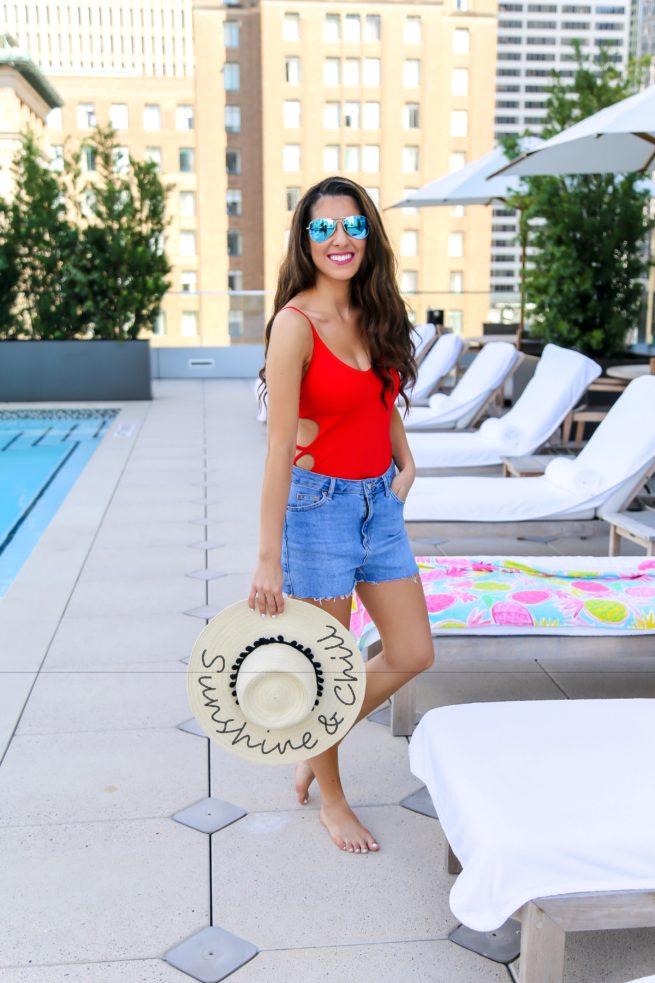 Red Swimsuit and Denim Shorts for Summer