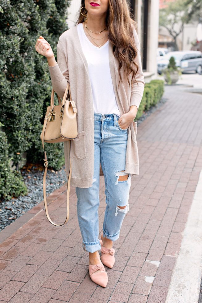 Cardigan and V Neck Tee with Boyfriend Jeans