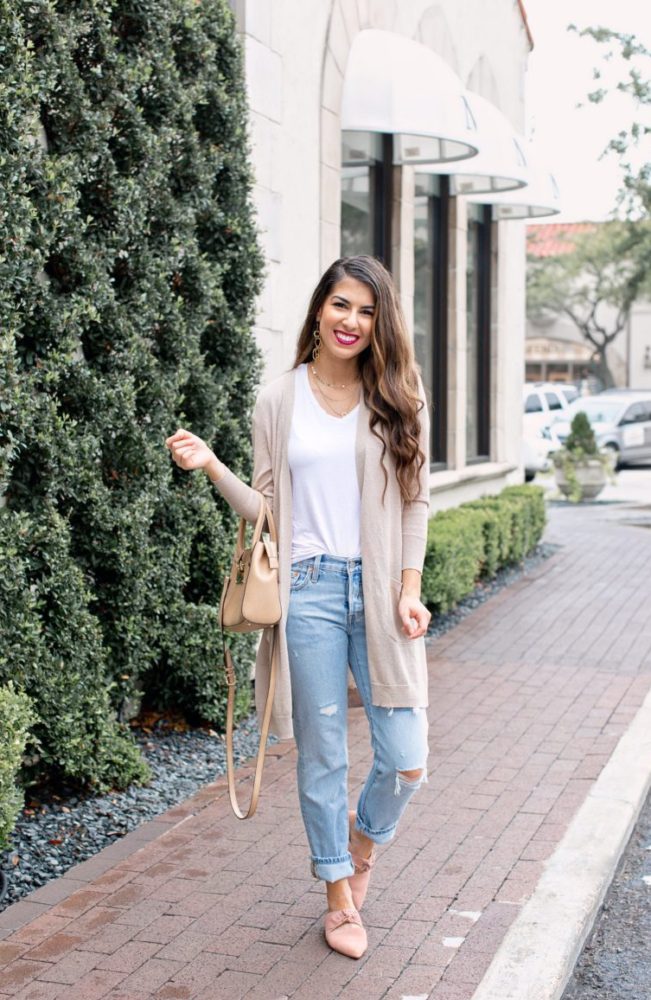 Cardigan and V neck Tee and Boyfriend Jeans