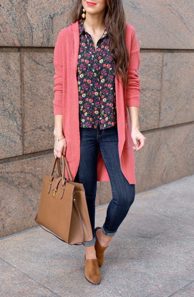 Coral Cardigan and Ruffle Floral Top