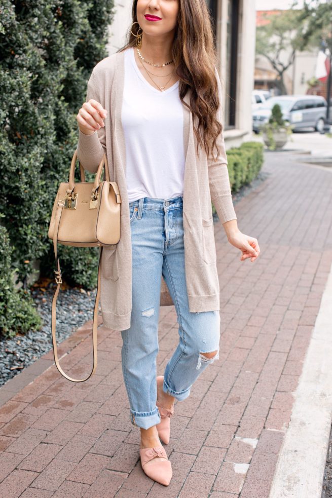 Oatmeal Cardigan and White Tee with Boyfriend Jeans