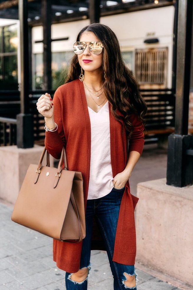 Beautiful Rust Cardigan and Pink Cami for Fall