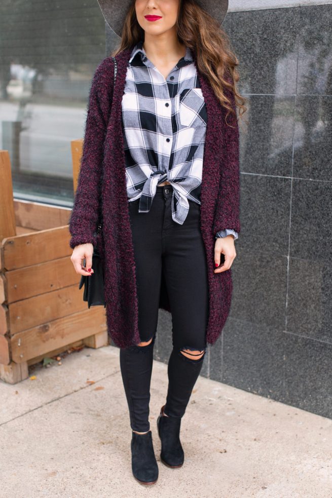 Burgundy Cardigan and Plaid Top for Fall
