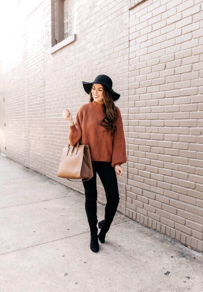 Caramel Knit Sweater and Black Skinny Jeans for Fall