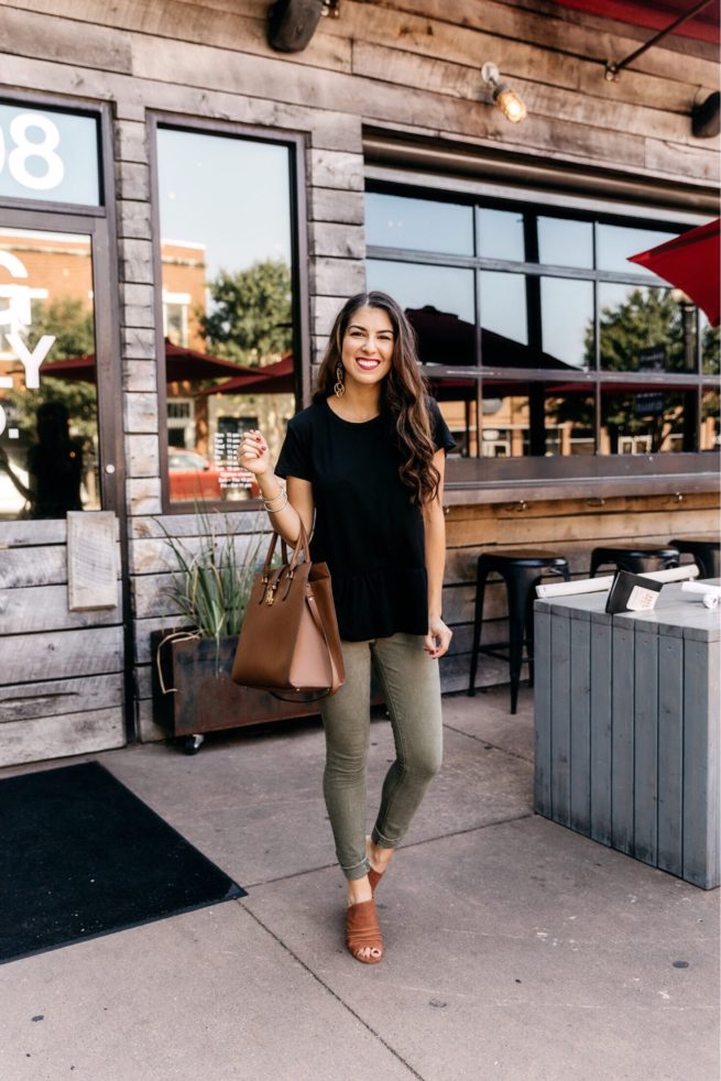 Peplum Tee and Olive Pants with Mules for Fall