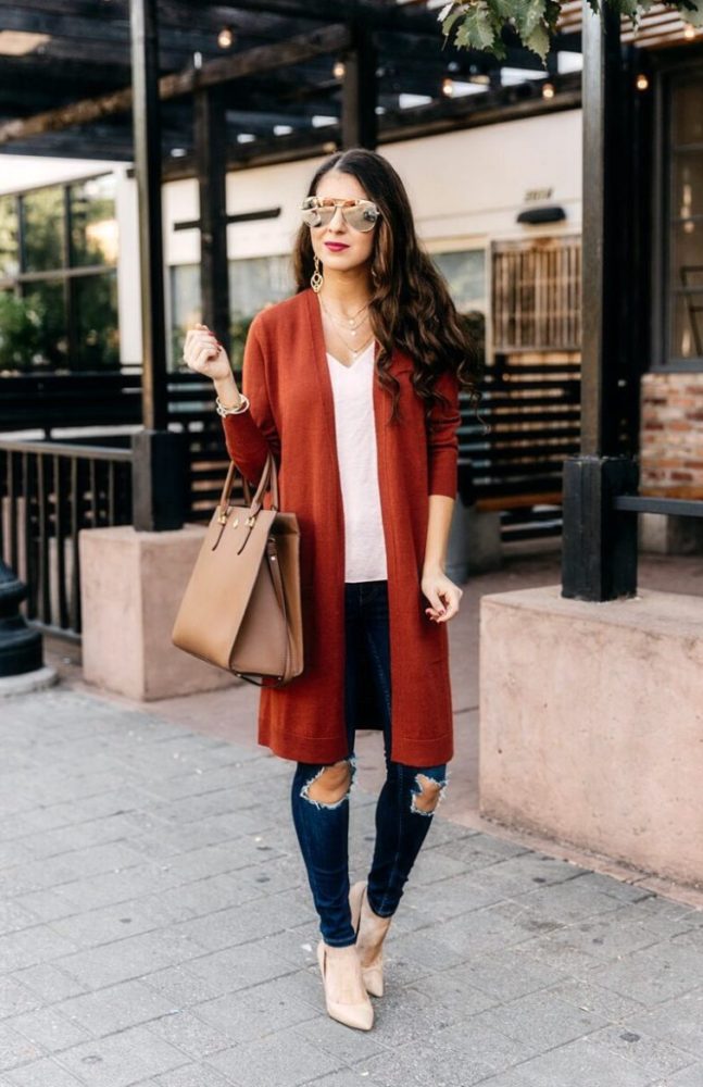 Perfect Rust Fall Cardigan and Denim Jeans