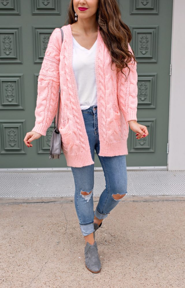 Pink Cable Knit Cardigan and Denim for Fall
