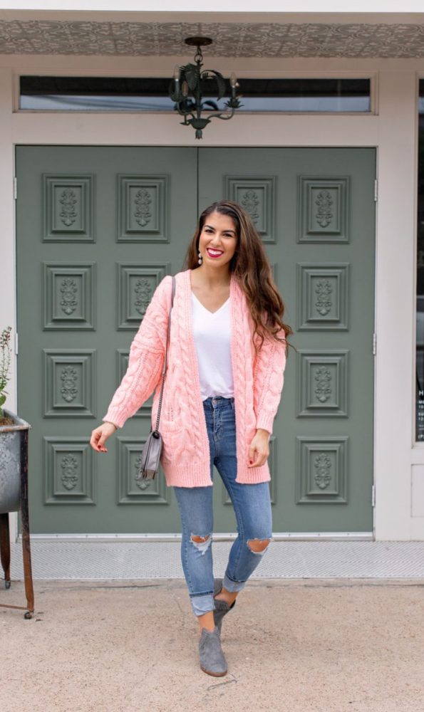Pink Cardigan and Ripped Denim Jeans