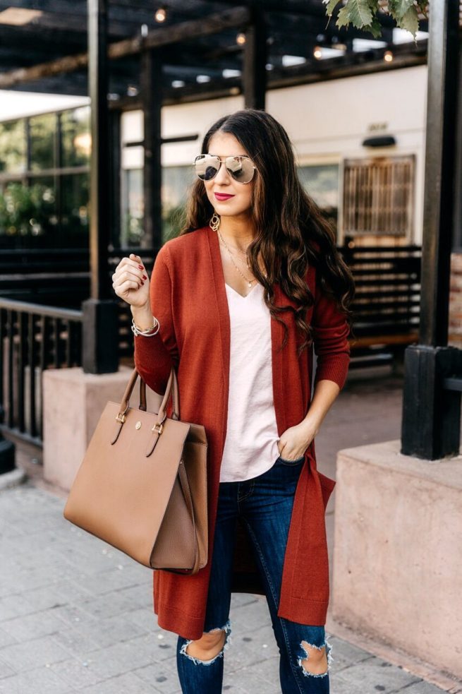 Rust Cardigan and Blush Pink Cami for Fall