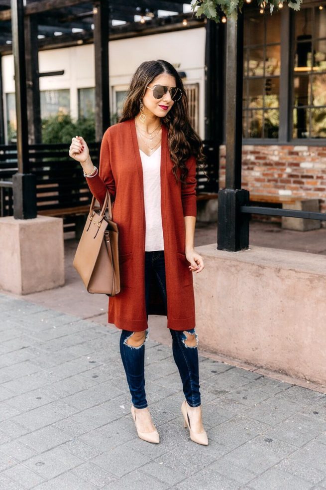 Rust Cardigan with Jeans and Cami for Fall