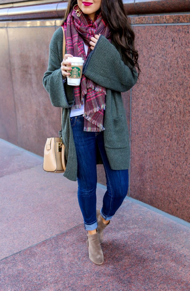 Olive Bell Sleeve Cardigan and Checkered Scarf for Fall