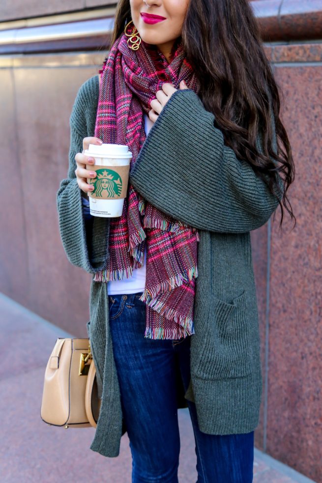Olive Cardigan and Checkered Scarf for Fall