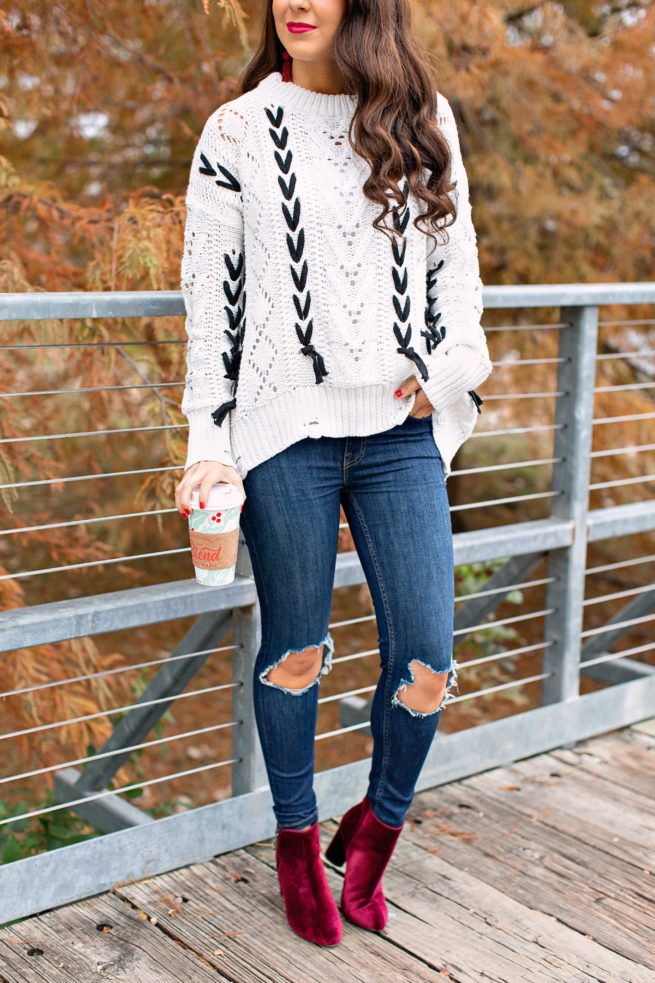 Knit Sweater with Lace Up Details and Velvet Booties