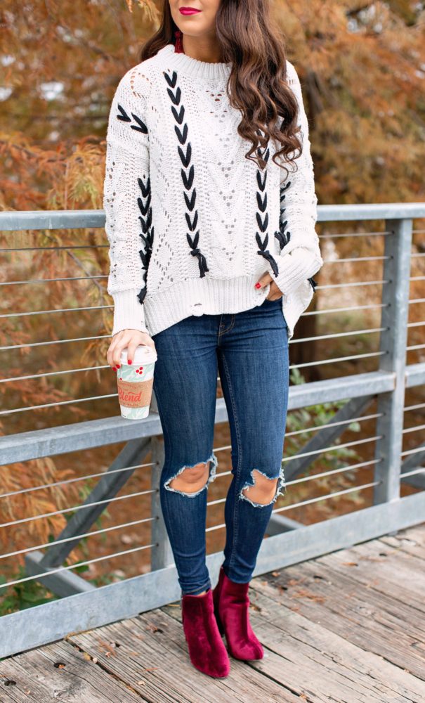 Lace Up Knit Sweater with Velvet Booties