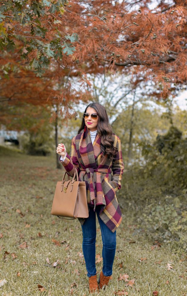 Plum Colored Checkered Coat for Winter Style