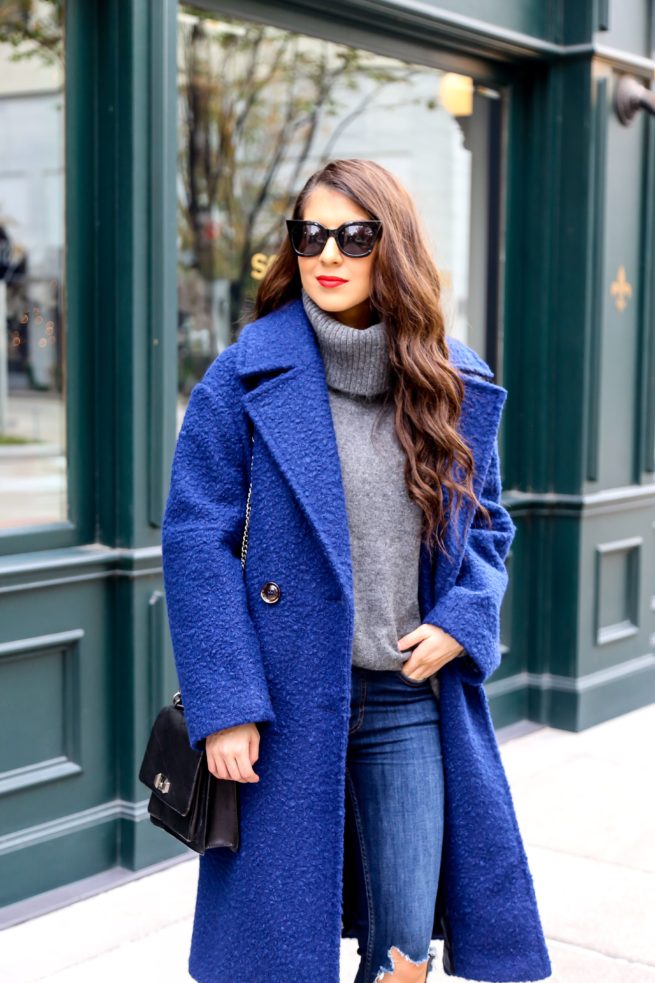 Blue Coat for Winter and Grey Turtleneck Sweater