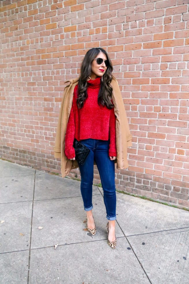 Camel Coat and Chenille Sweater with Jeans
