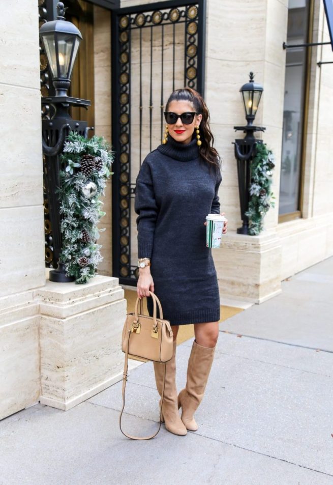Grey Turtleneck Sweater Dress and Over the Knee Boots
