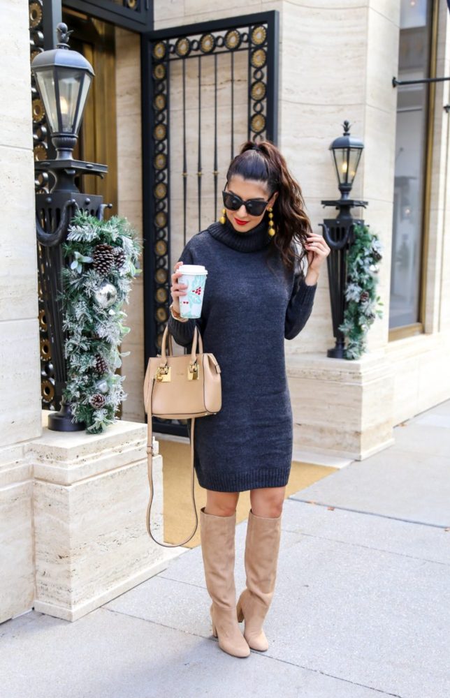 Grey Turtleneck Sweater Dress with Over the Knee Boots