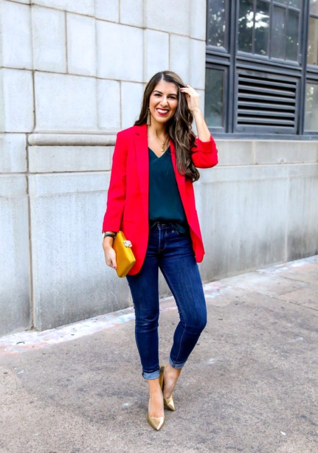 Red Blazer and Velvet Cami with Jeans