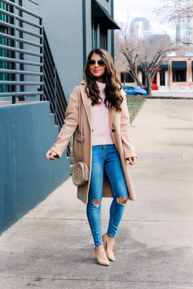 Beautiful Camel Coat and Pink Sweater for Winter