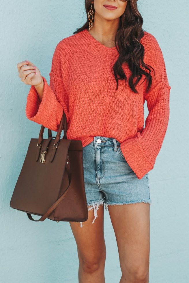 Cute Coral Sweater with Denim Shorts 