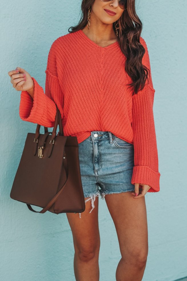 Coral Cuffed Sweater and Denim Shorts 