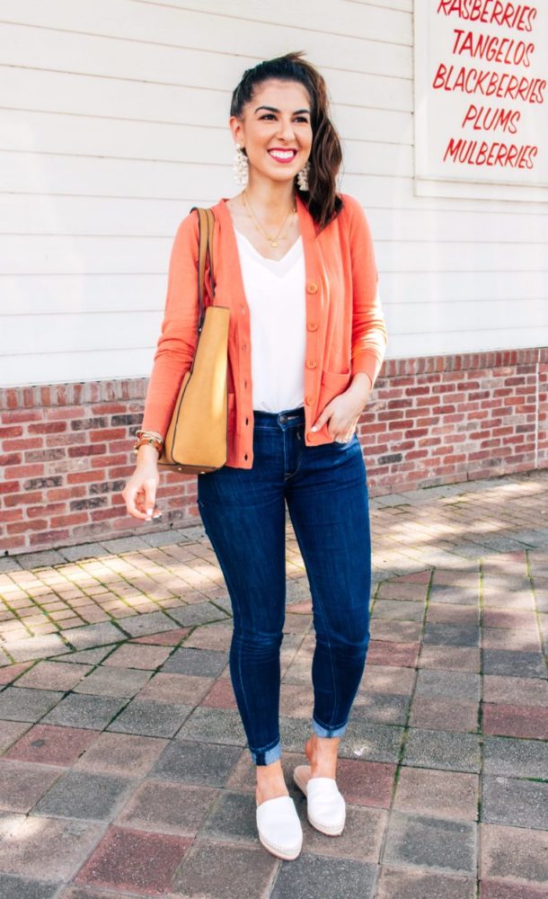Coral Cardigan and Denim Style 