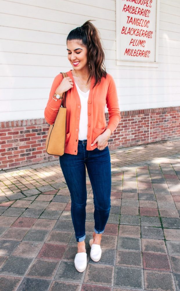 Coral Cardigan and Denim Style 