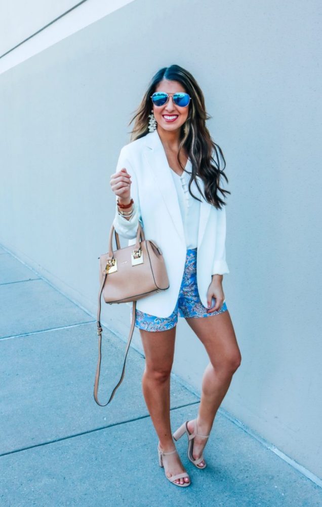 White Blazer and Cami with Paisley Shorts 
