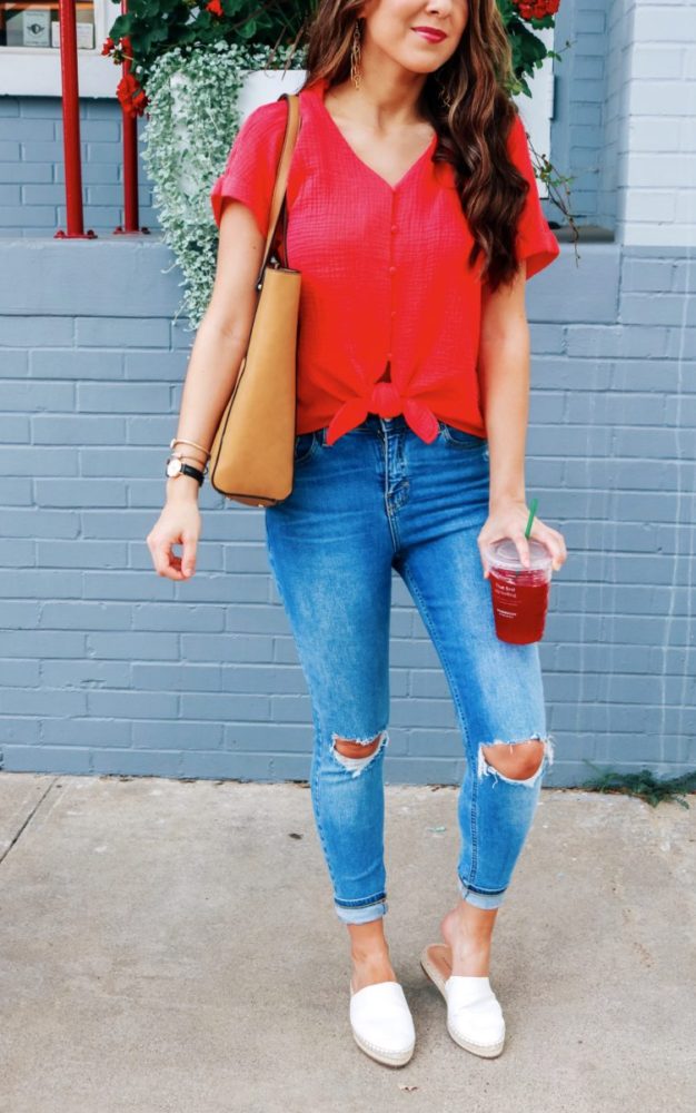 Casual Red Top and Ripped Jeans 