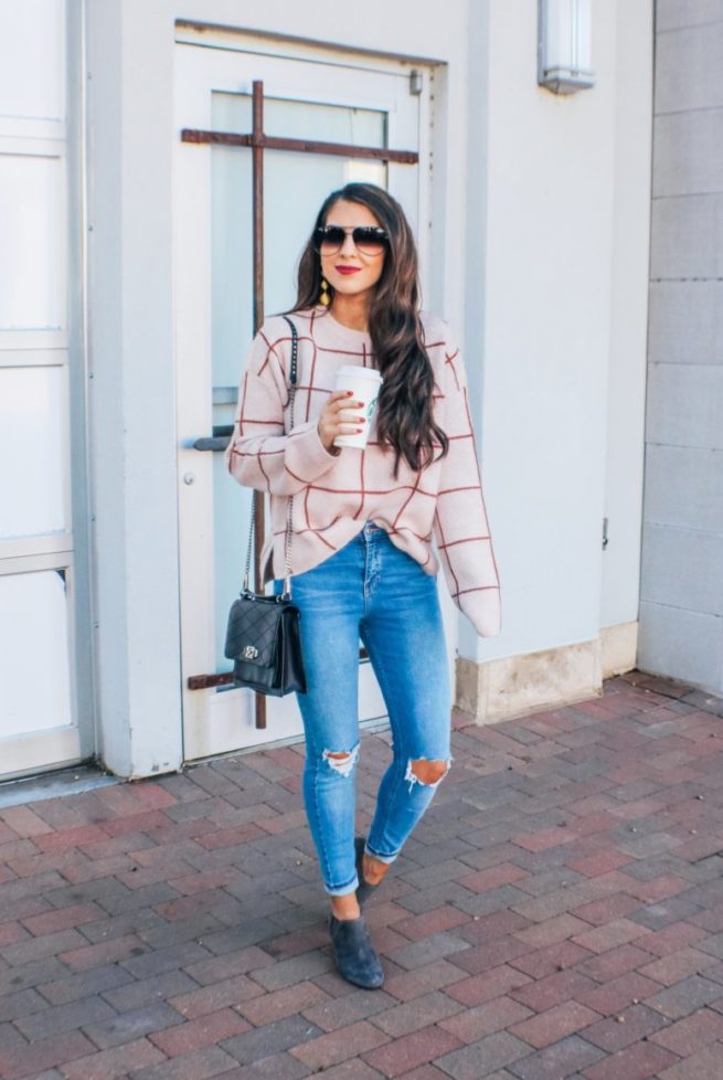 Blush Check Sweater and Jeans for Fall 