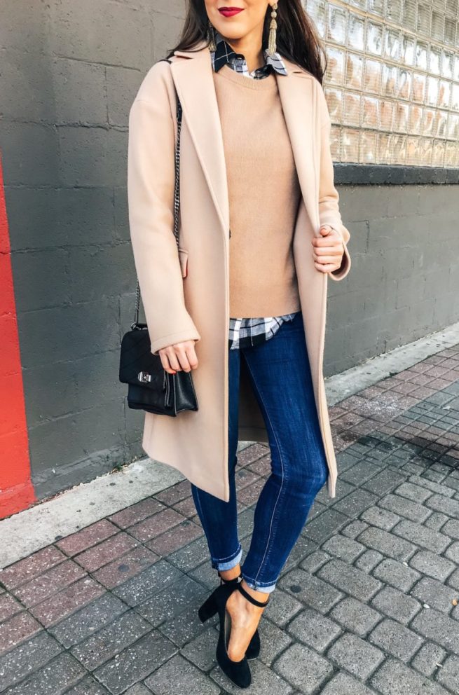 Camel Coat with Camel Sweater and Plaid Top 